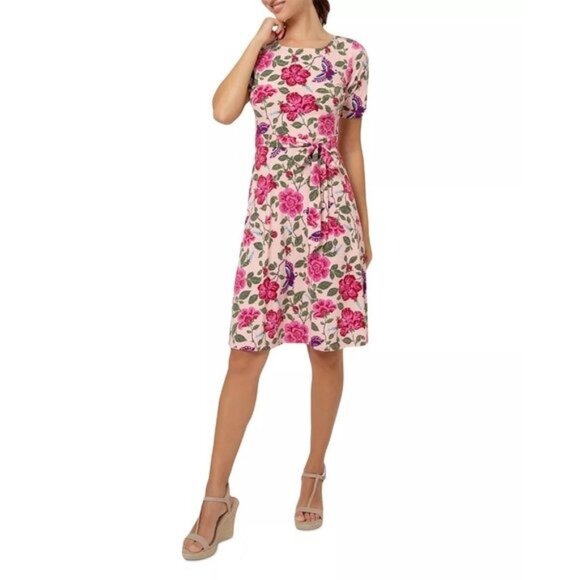 LEOTA Giselle Floral Print Short Sleeve Dress in Flutter Pearl Blush - NWT - Picture 1 of 3